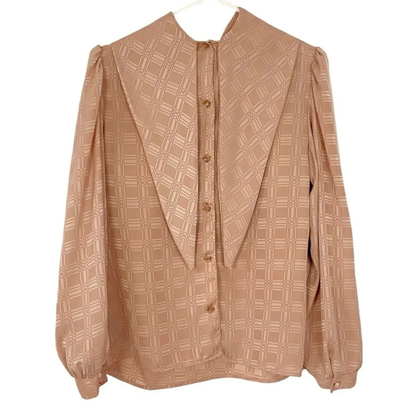 Vintage 70s 80s Blouse Shirt Top Womens Large Geometric Peach Long Sleeve - Picture 2 of 13